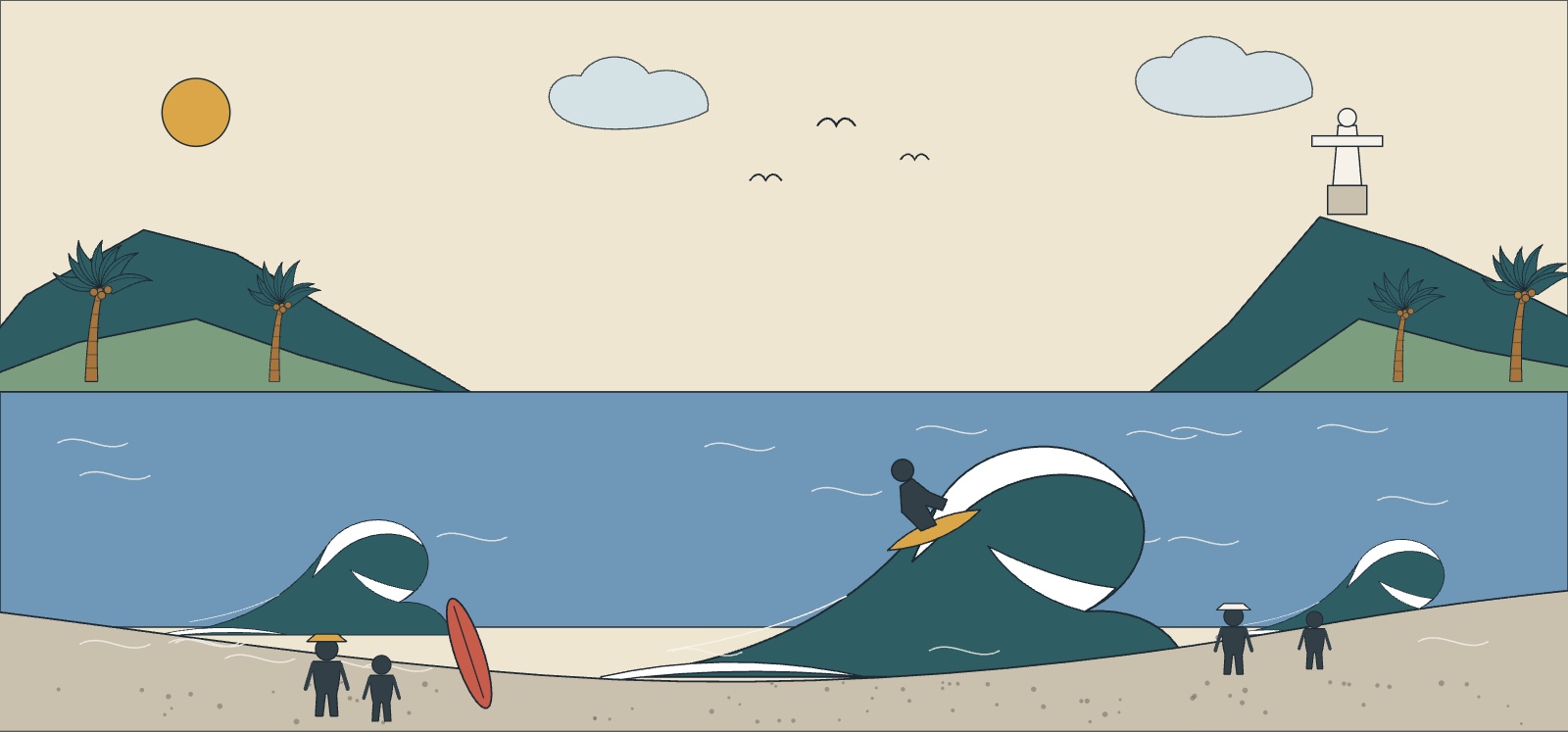 Illustration of a surfer on a wave at San Juan del Sur with the headlands of the bay behind