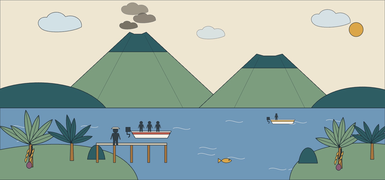 Illustration of the two volcanoes of Ometepe island seen across Lake Nicaragua with a boat at a jetty