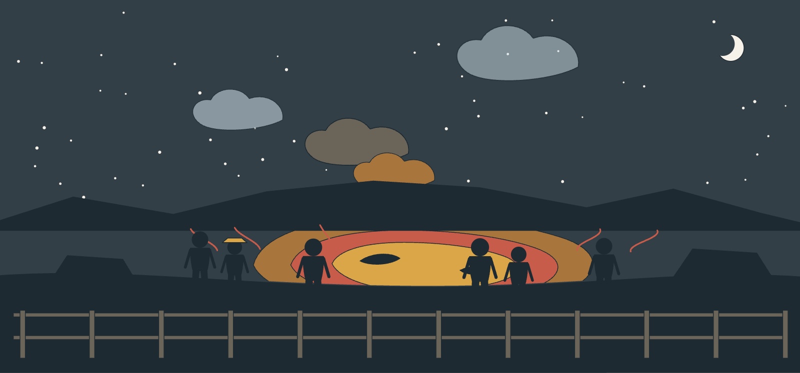 Illustration of the glowing Santiago crater at Masaya volcano at night with visitors at the railing